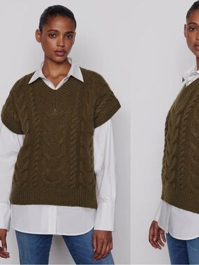 Frame Denim Olive Green Cable-Knit Merino V-Neck Vest
